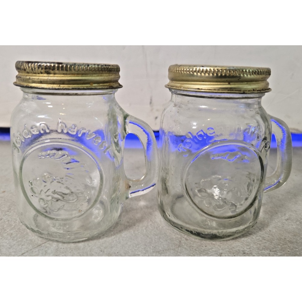 VTG Golden Harvest Mason Jar Glass Salt & Pepper Shaker Set of 2 Metal Lids